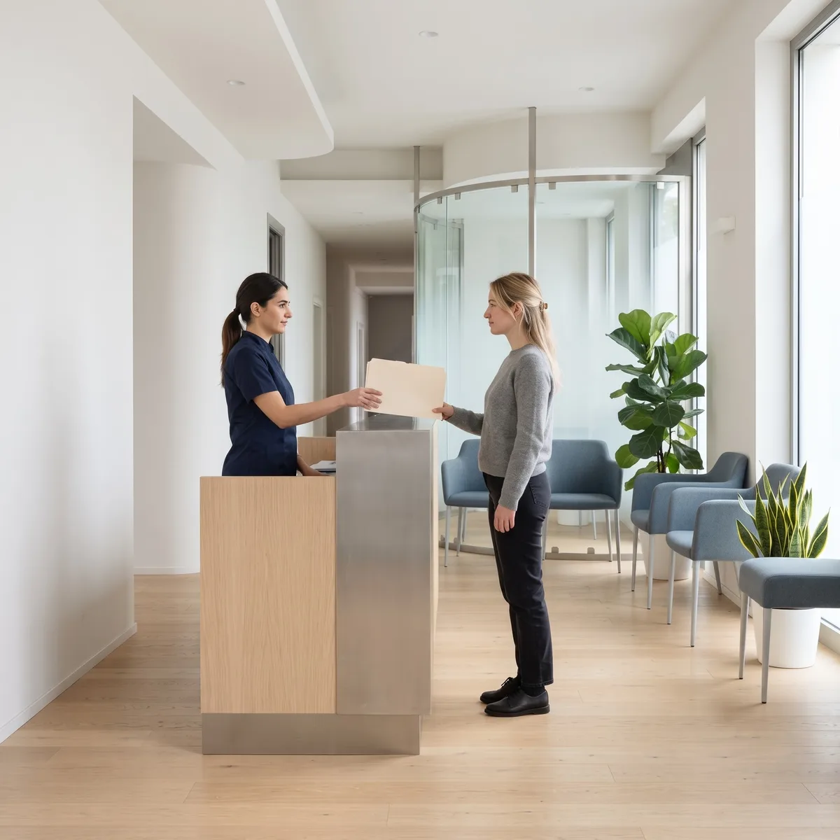 La receptionist consegna una cartellina a una paziente al banco d'accoglienza; sul fondo la sala d'attesa con le poltrone blu-grigio