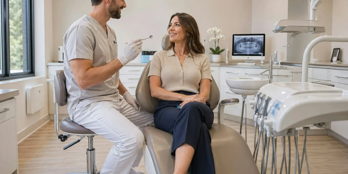 Dentista sorridente che parla con una paziente in studio